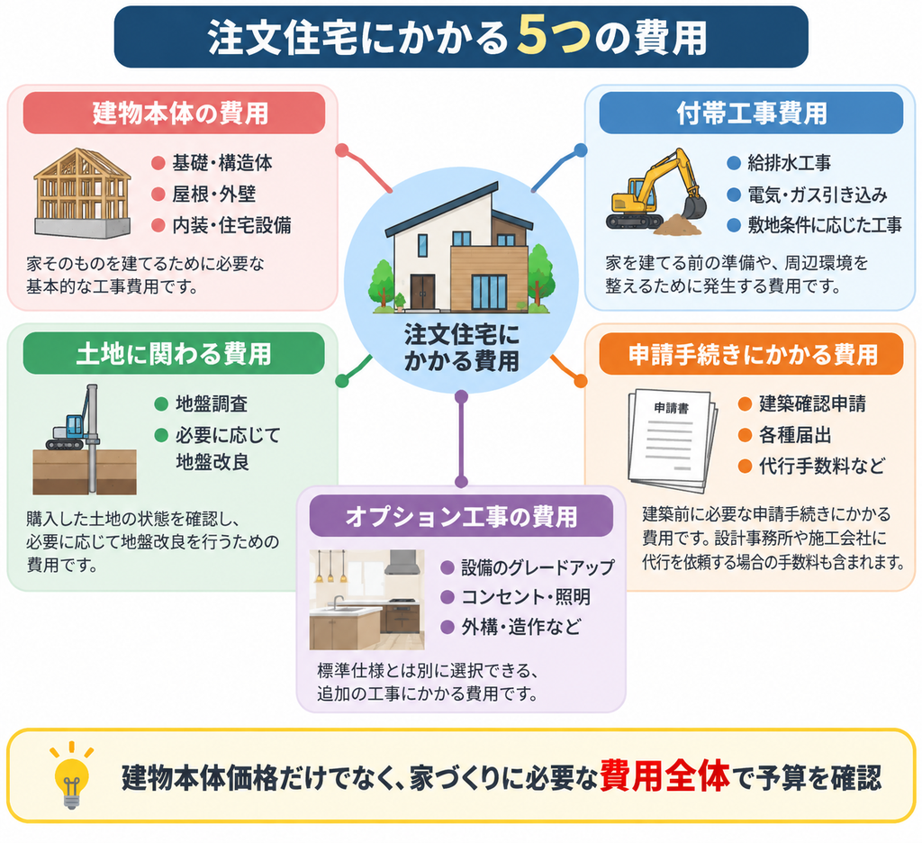 注文住宅にかかる費用を、建物本体・付帯工事・土地関連・申請手続き・オプション工事の5つに分けて示した図解