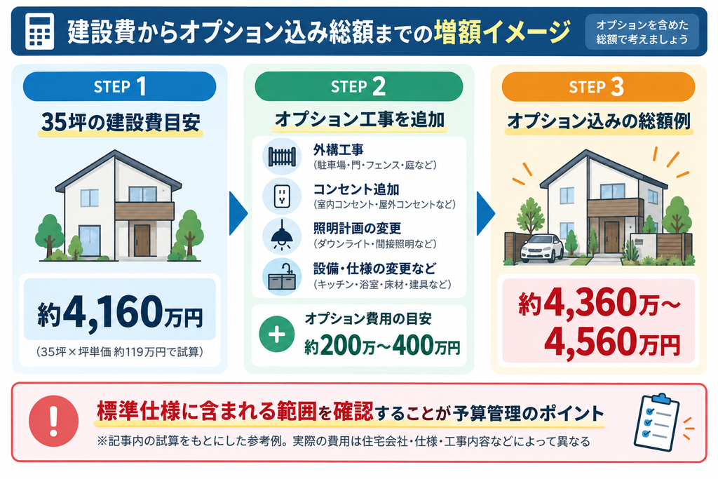 35坪の建設費約4,160万円にオプション費用約200万〜400万円を加え、総額約4,360万〜4,560万円になる試算例を示した図解