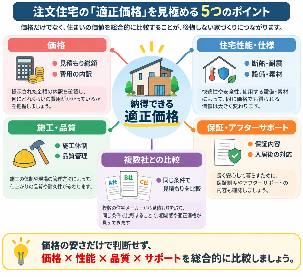 注文住宅の適正価格を、価格・住宅性能や仕様・施工品質・保証やアフターサポート・複数社比較の5つの観点から判断する考え方を示した図解 