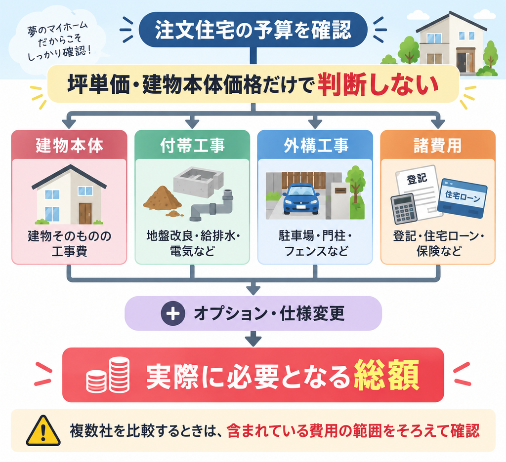 注文住宅の予算について、建物本体・付帯工事・外構工事・諸費用にオプションや仕様変更を加えた総額で比較する考え方を示した図解 