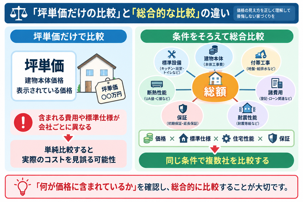 坪単価だけで比較する場合と、建物本体・付帯工事・諸費用・標準設備・断熱性能・耐震性能・保証を含めて総合比較する場合の違いを示した図解