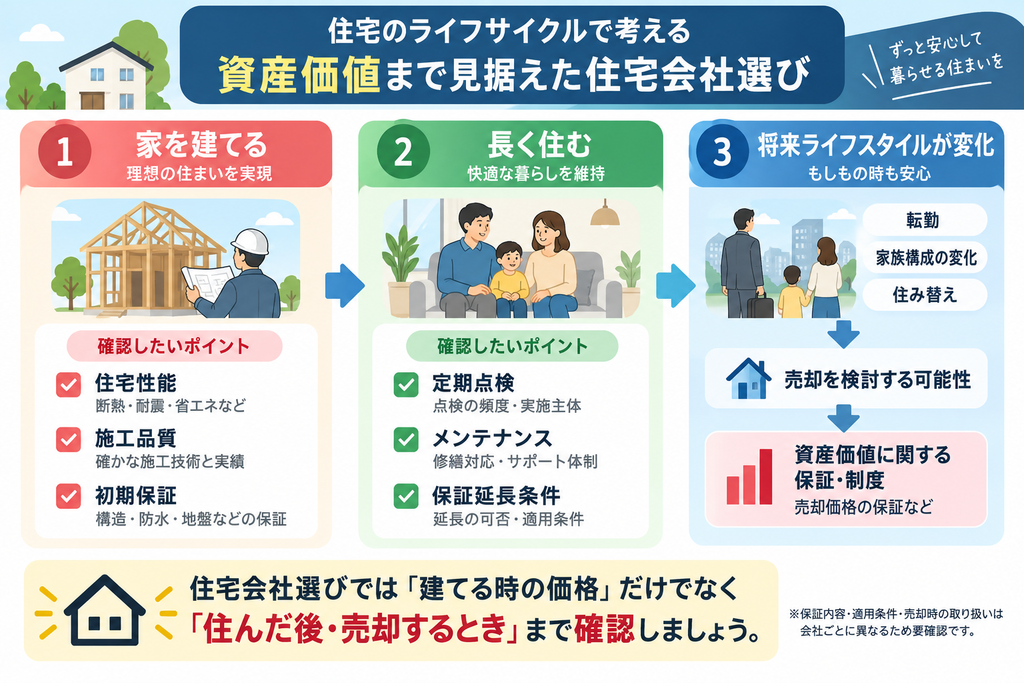 家を建てる段階の住宅性能・施工品質・初期保証から、入居後の定期点検・メンテナンス・保証延長、将来の売却時に関わる資産価値保証までを時系列で示した図解