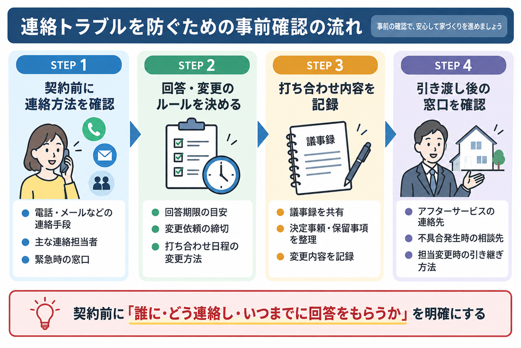 連絡トラブルを防ぐため、契約前の連絡方法確認から回答ルールの設定、打ち合わせ内容の記録、引き渡し後の窓口確認までを4ステップで示した図解