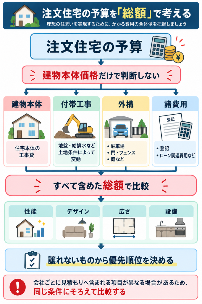 注文住宅の予算を建物本体・付帯工事・外構・諸費用に分け、総額で比較したうえで性能・デザイン・広さ・設備の優先順位を決める流れを示した図解。