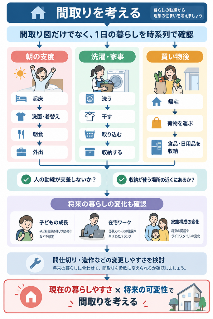 朝の支度・洗濯や家事・買い物後の動線を時系列で整理し、収納位置や動線の交差、将来の暮らしの変化まで踏まえた間取り計画を示した図解