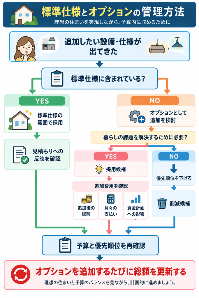 追加したい設備や仕様が標準仕様に含まれるかを確認し、オプションの場合は必要性や追加費用、月々の支払い、資金計画への影響を検討して、予算と優先順位を見直す流れを示した図解。