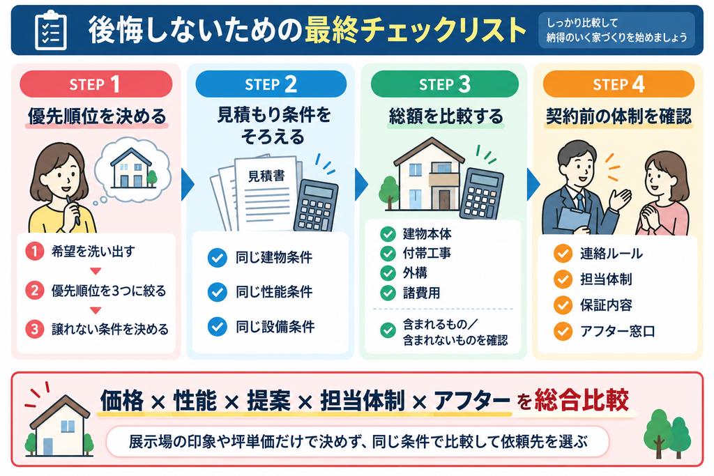 注文住宅で後悔しないために、希望の優先順位、見積もり条件、総額、契約前の担当・保証体制を4ステップで確認する流れを示した図解