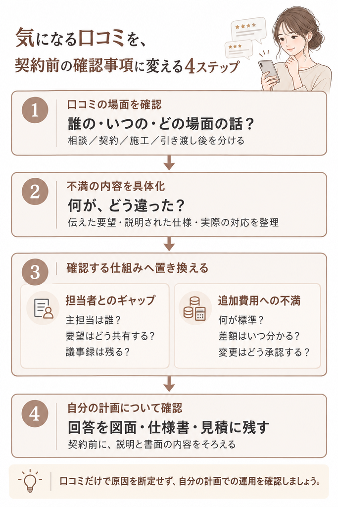 口コミの場面と不満の内容を整理し、担当者間の情報共有や追加費用の確認を書面に残すまでの流れを示した図解。