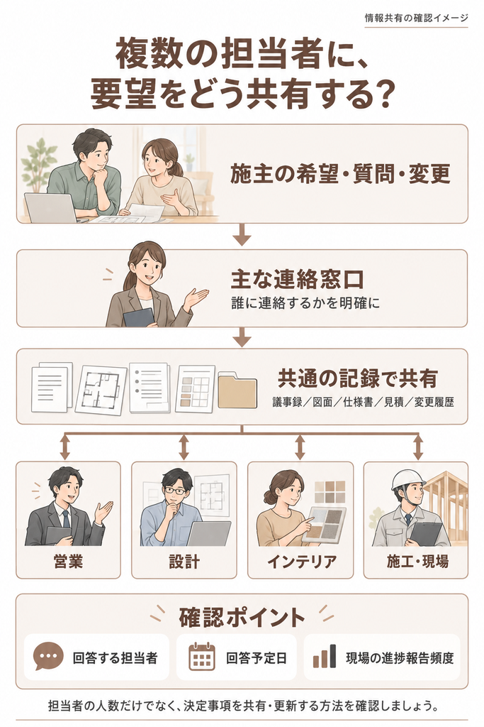 施主の要望を主担当と共有記録を通じて営業、設計、インテリア、施工へ伝え、回答担当と期限を確認する関係図。
