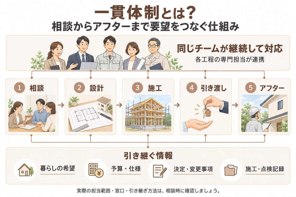 相談から設計、施工、引き渡し、アフターまで同じチームが対応し、要望や変更事項、記録を共有する仕組みの図。