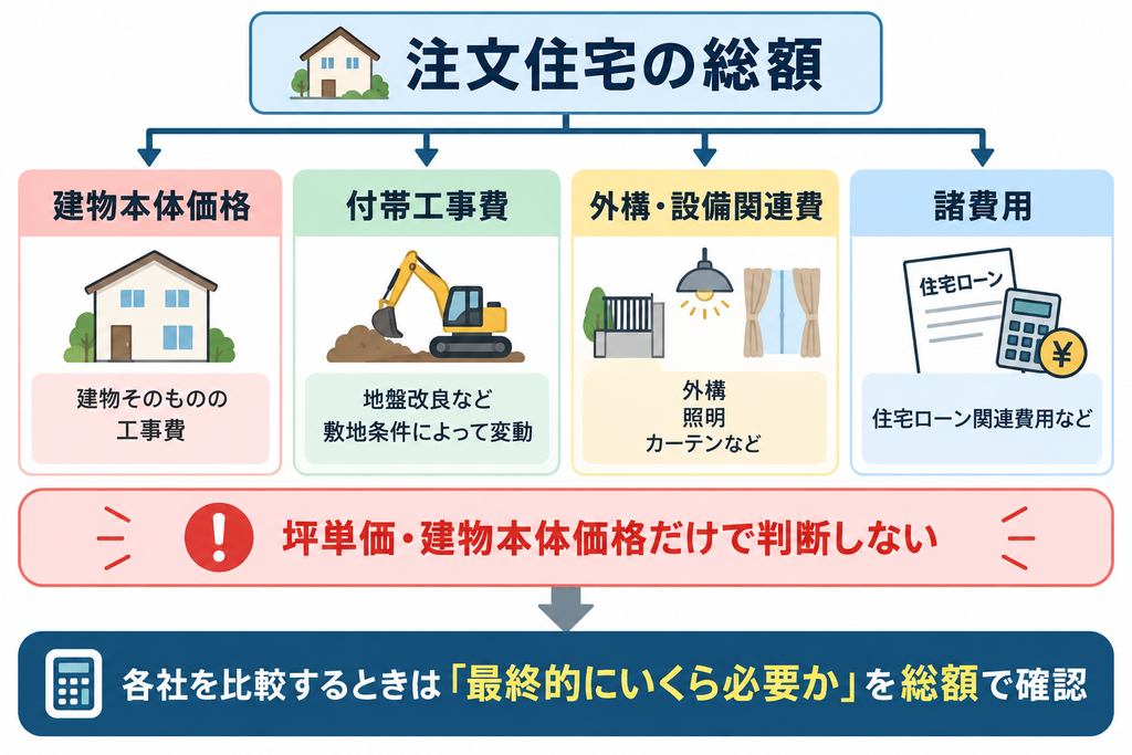 注文住宅の総額を建物本体価格・付帯工事費・外構設備関連費・諸費用の4項目に分け、坪単価や建物本体価格だけでなく総額で比較する重要性を示した図解。
