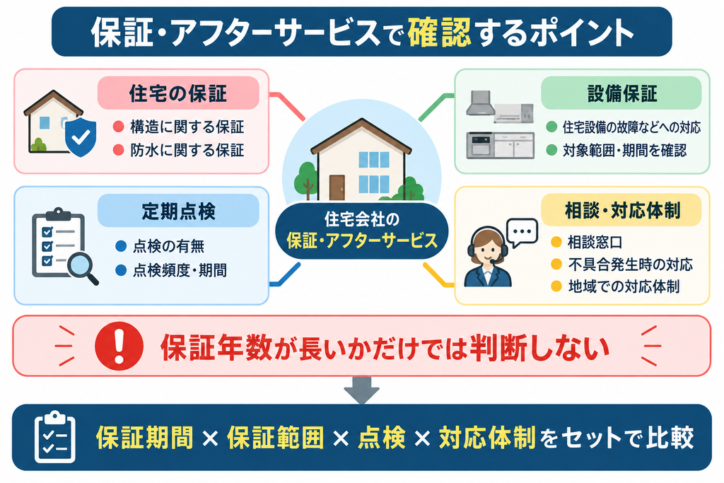 住宅会社の保証・アフターサービスについて、住宅の保証・設備保証・定期点検・相談対応体制の4項目を整理し、保証期間や範囲、点検、対応体制を総合的に比較するポイントを示した図解。