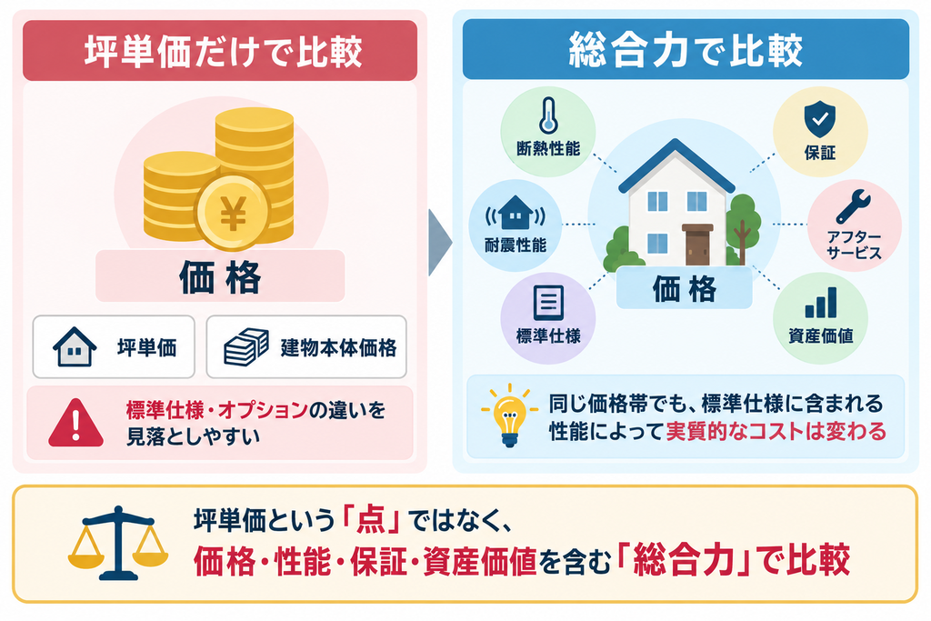 注文住宅を坪単価だけで比較する場合と、価格・断熱性能・耐震性能・標準仕様・保証・アフターサービス・資産価値を含む総合力で比較する場合の違いを示した図解。