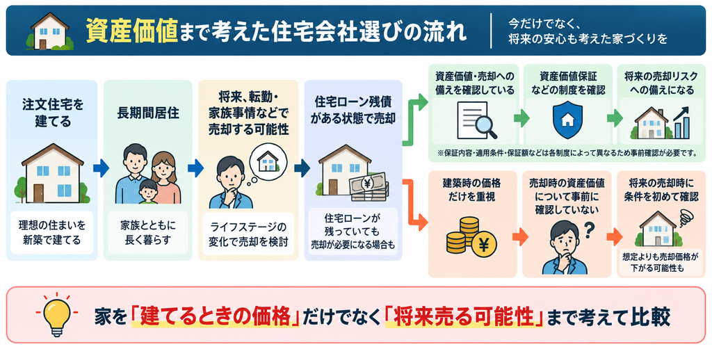 注文住宅の建築から将来の売却までの流れを示し、建築時の価格だけでなく資産価値や売却への備え、資産価値保証などの制度も確認して住宅会社を比較する重要性を示した図解。