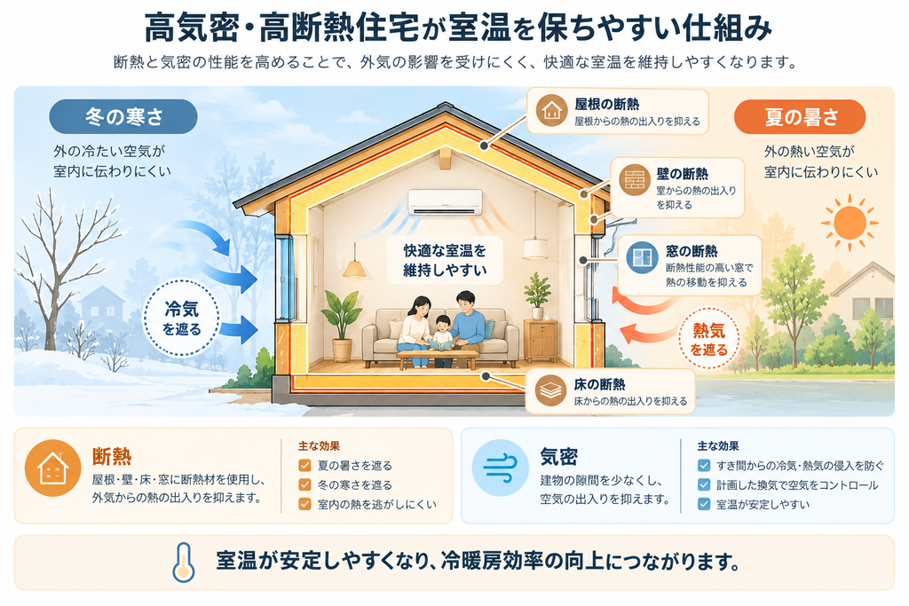 住宅の屋根・壁・床・窓の断熱と隙間を減らす気密施工により、夏の暑さや冬の寒さを抑えて室温を保つ仕組みの図解