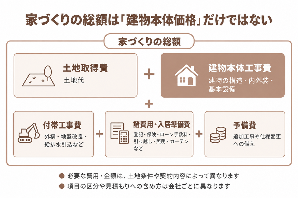 注文住宅の総予算を土地取得費、建物本体工事費、付帯工事費、諸費用と入居準備費、予備費に分けて示した概念図