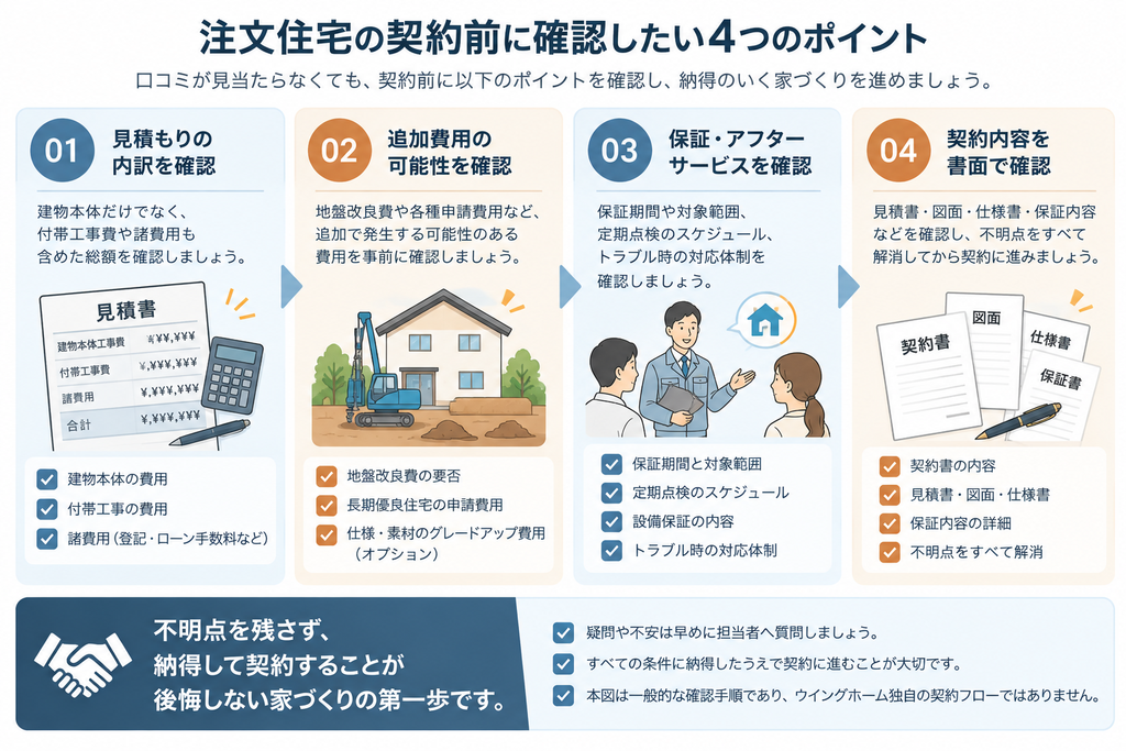 注文住宅の契約前に確認したい見積もりの内訳、追加費用、保証・アフターサービス、契約書類の4項目をまとめた図解