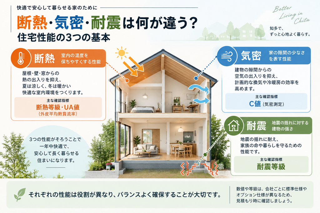 断熱・機密・耐震の住宅性能の説明をしている図解